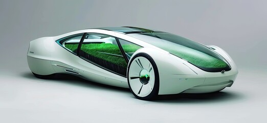 A futuristic car with a green plant growing out of the front. The car is white and has a unique design