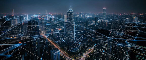 Connected smart city modern cityscape with digital data network.