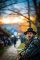 Man in Hat and Coat Sitting on Bench. Generative AI