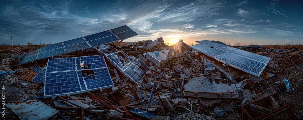 Poster a solar panel is destroyed in a field. the sun is setting in the background. the scene is desolate a