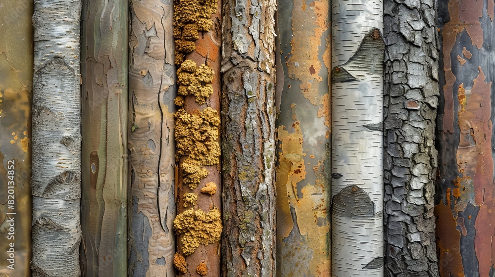 Poster a row of tree trunks with some of them covered in moss