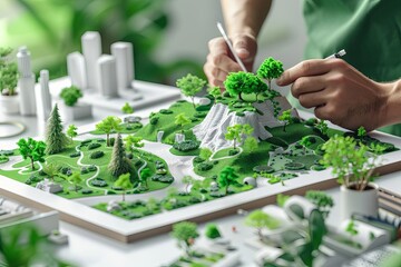 An architect is working on a detailed miniature model of a sustainable city