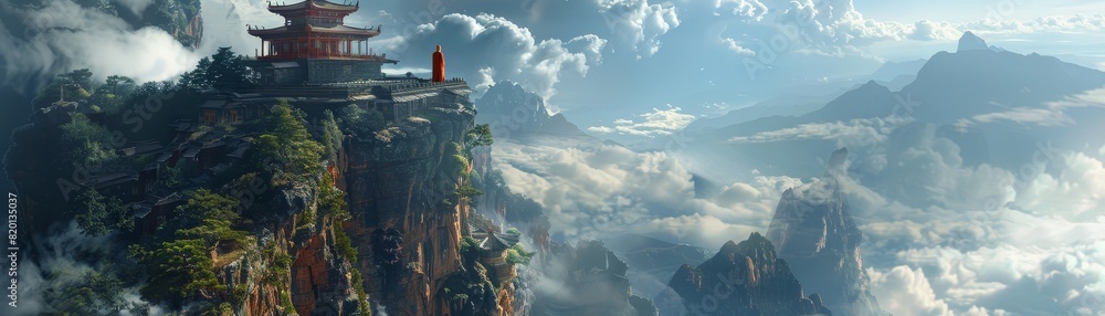 Poster a mountain range with a red building in the middle