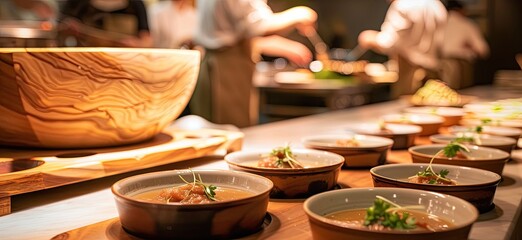 Fototapeta premium In the kitchen, a chef diligently prepares numerous bowls of soup, each one crafted with care and expertise.