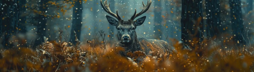 A deer is standing in a forest with snow on the ground