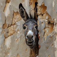 A painting showing a donkey poking its head out of a hole, curious and alert. The donkeys ears are perked up, and its eyes seem focused on something outside the hole. 