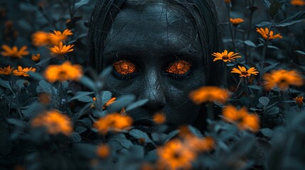 A beautiful woman&#039;s head with flowers, leaves, and petals flying around her face, in the style of surrealism, isolated on a blue background.