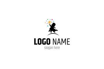 silhouette logo of hero child reaching for glittering star in flat design
