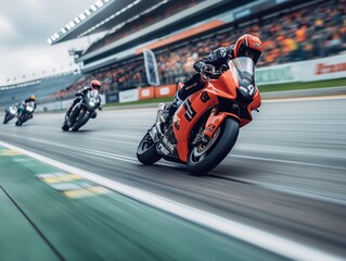 A man on a motorcycle is racing on a track. The other two motorcycles are behind him. The man is wearing a helmet and black clothing