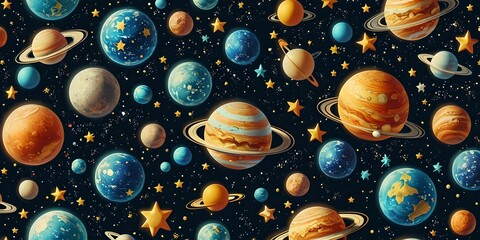 wallpaper representing a pattern of planets and stars in 3D