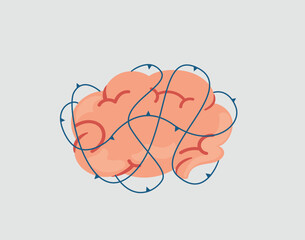 Illustration of a brain surrounded by the prickly thorns due to restrictions. Brain has limitations and dysfunction. Concept of mental health illness and neurological disorders. Vector illustration