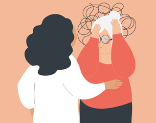 An elderly person has amnesia or dementia get a special special care. Nurse or social worker helps or supports a senior woman with Alzheimer disease. Memory loss and mental health disorder concept. 