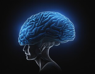 image showing human brain on black background and blue lighting