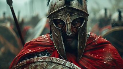 A spartan warrior, his face bloodied and his eyes filled with rage, stands defiant in the midst of battle