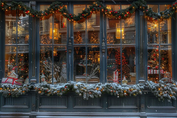 Festive storefront window scene with holiday decorations and snow on decorative garland outdoors, Generative AI