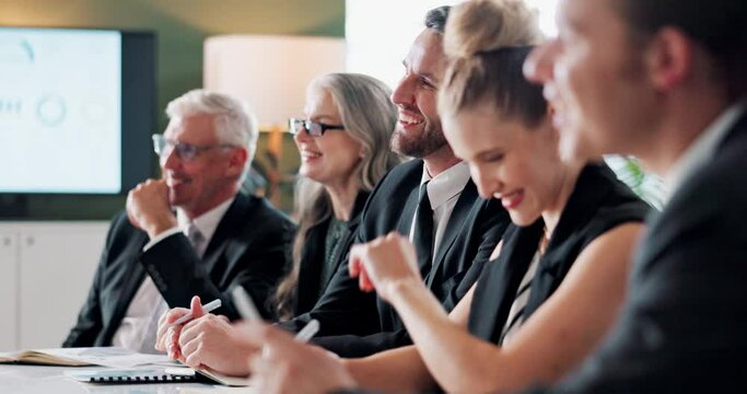 Presentation, listening and business people in office for meeting, job interview and proposal pitch. Corporate, professional and men and women committee for recruitment choice, decision and teamwork