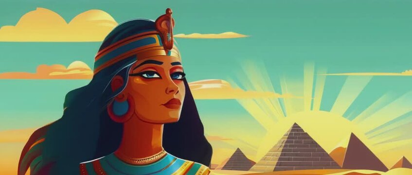 A majestic view of ancient Egypt, a figure in traditional attire gazes at the iconic pyramids under a radiant sun.