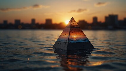 A pyramid in the middle of a body of water at sunset,.