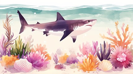Joyous shark illustration in a cartoon style, simplified shapes and bright colors, playful undersea theme