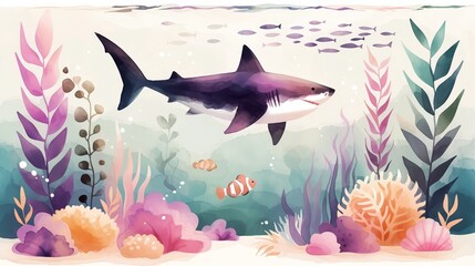 Joyous shark illustration in a cartoon style, simplified shapes and bright colors, playful undersea theme