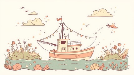 Little tugboat in cartoon style, vibrant and cheerful, simplified illustration for a baby s room decor