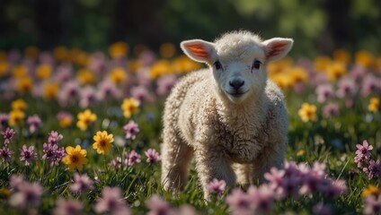 Fototapeta premium A cute baby spring lamb in a field of spring flowers.