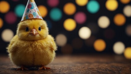 A cute easter chick wearing a fun celebration party hat.