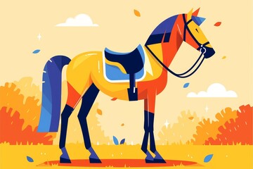 Fototapeta premium Vector graphic of a horse in a flat color style, minimal shapes and details on a warm brown background, vector art