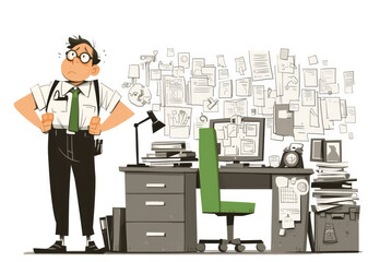 Animated worker at a computer, detailed office background, cartoon style with a light and humorous touch