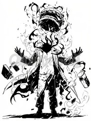 Animestyle comic depiction of a hamburger and an ethereal humanoid, drawn in 2D with subtle ink nuances