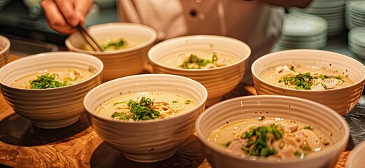 Fototapeta premium Behind the scenes, a chef is busy preparing a variety of soup bowls, showcasing culinary mastery with each carefully crafted dish.