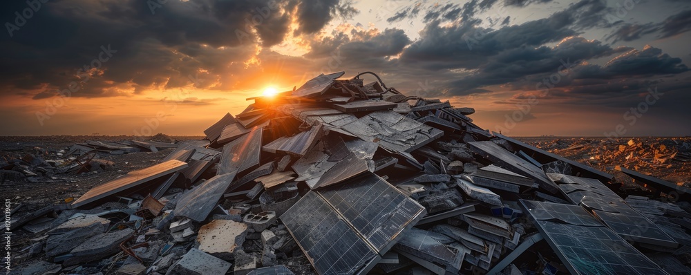 Poster a solar panel is destroyed in a field. the sun is setting in the background. the scene is desolate a
