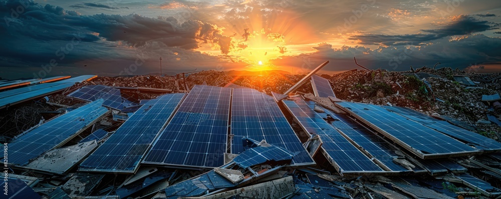 Poster a solar panel is destroyed in a field. the sun is setting in the background. the scene is desolate a