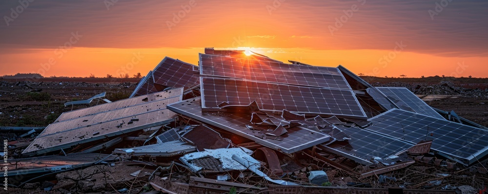 Poster a solar panel is destroyed in a field. the sun is setting in the background. the scene is desolate a