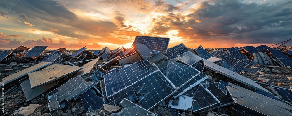 Poster a solar panel is destroyed in a field. the sun is setting in the background. the scene is desolate a