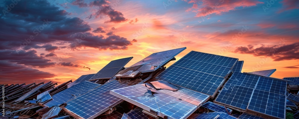 Poster a solar panel is destroyed in a field. the sun is setting in the background. the scene is desolate a