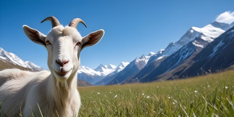 A close-up of a goat's face in a grassy field with snow-capped mountains in the background against a clear blue sky