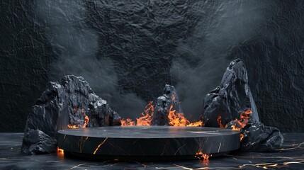 Pedestal stone podium with Fire on dark background for product display. Podium lava rocks.