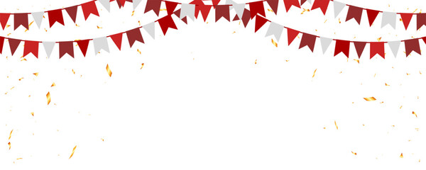 Obraz premium Banner with garland of flags and confetti for holiday, party, birthday, carnival vector illustration
