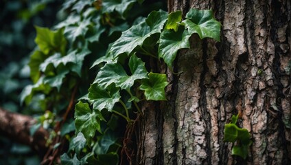 Vivid green ivy leaves climbing on a rough tree bark. Variegated foliage, natural background, horticulture concept for design, banner, wallpaper.