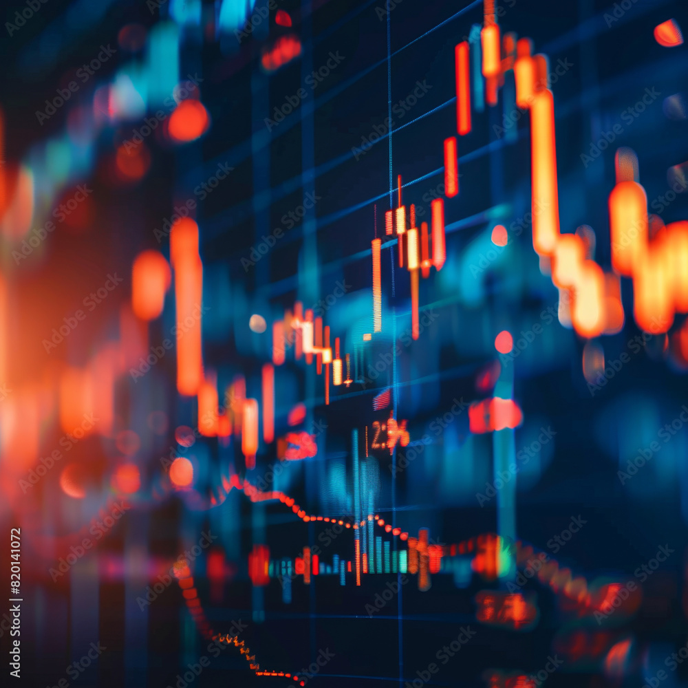 Poster a close-up view of stock market data displayed on a screen, featuring financial charts with fluctuat