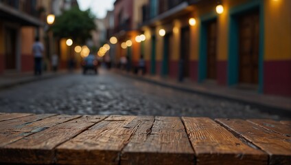 A blank rustic wooden table top with a colorful background of a blurred mexican street scene.