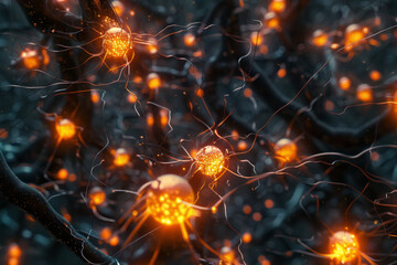 A close up of a bunch of glowing orange balls that look like neurons