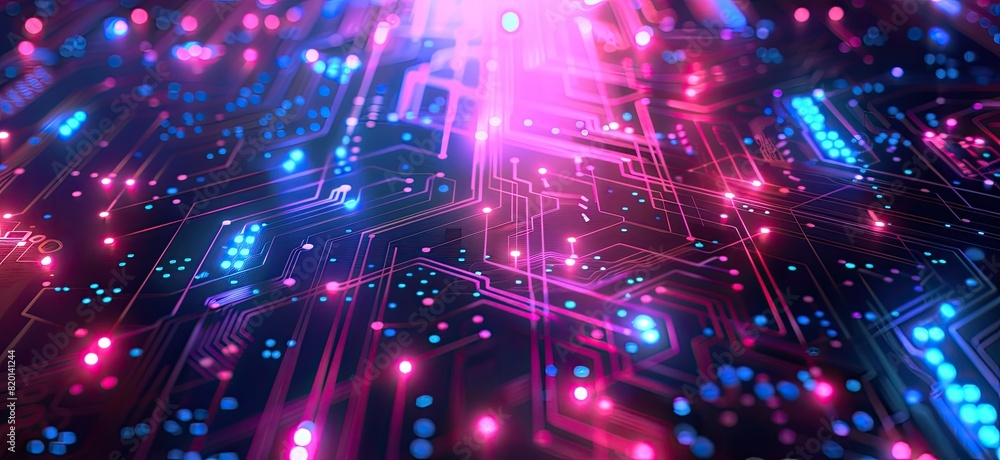 Poster a computer chip with a blue background and orange and red lines. the lines are glowing and it looks 