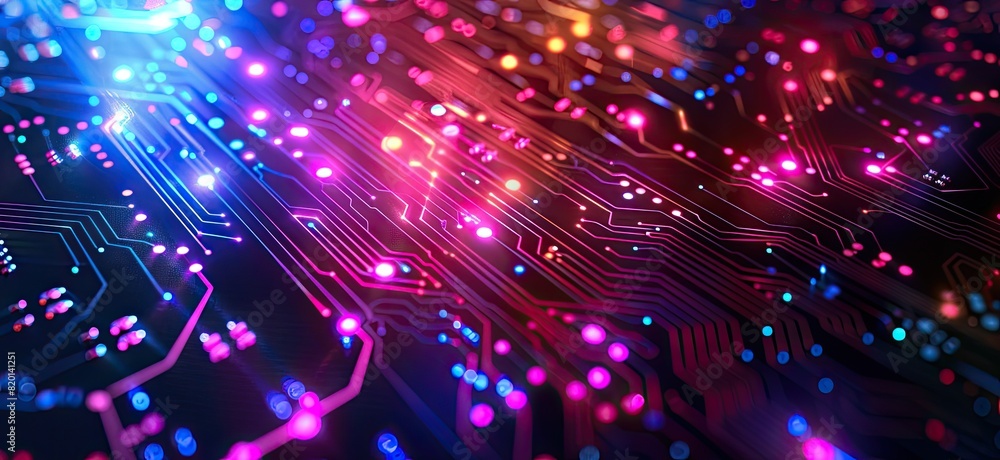 Poster a computer chip with a blue background and orange and red lines. the lines are glowing and it looks 