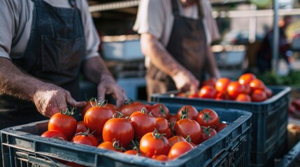 Farmers unload organic tomatoes from crates outside a grocery store, fresh from the field.