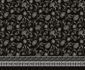 HAND DRAWN MONOCHROME BAROQUE, RENAISSANCE, FLORAL REPEAT PATTERN WITH BORDERS IN VECTOR