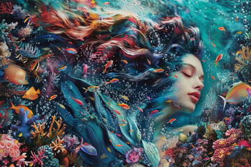 Obraz premium A woman with long hair is swimming in a sea of fish