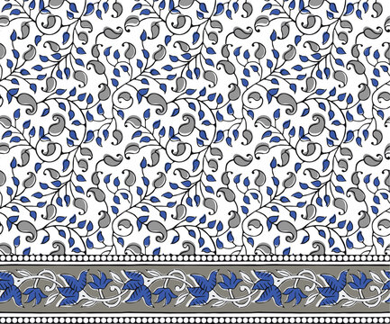 HAND DRAWN MONOCHROME BAROQUE, RENAISSANCE, FLORAL REPEAT PATTERN WITH BORDERS IN VECTOR