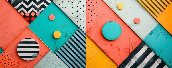 Obraz premium Geometric patterns with vibrant summer colors, like coral, teal, and sunshine yellow, modern 